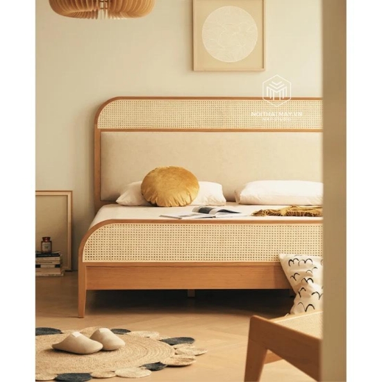 Hình ảnh của Giường Gỗ Sồi Kết Hợp Mây Mắt Cáo GM-04