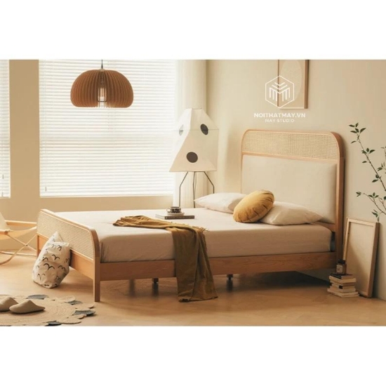 Hình ảnh của Giường Gỗ Sồi Kết Hợp Mây Mắt Cáo GM-04